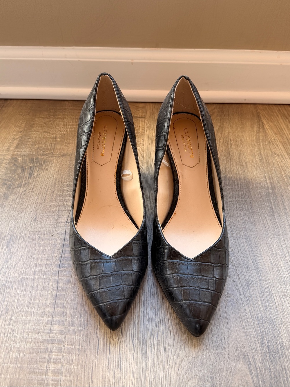 Black Croc-Embossed Pointed Toe Women’s Pumps